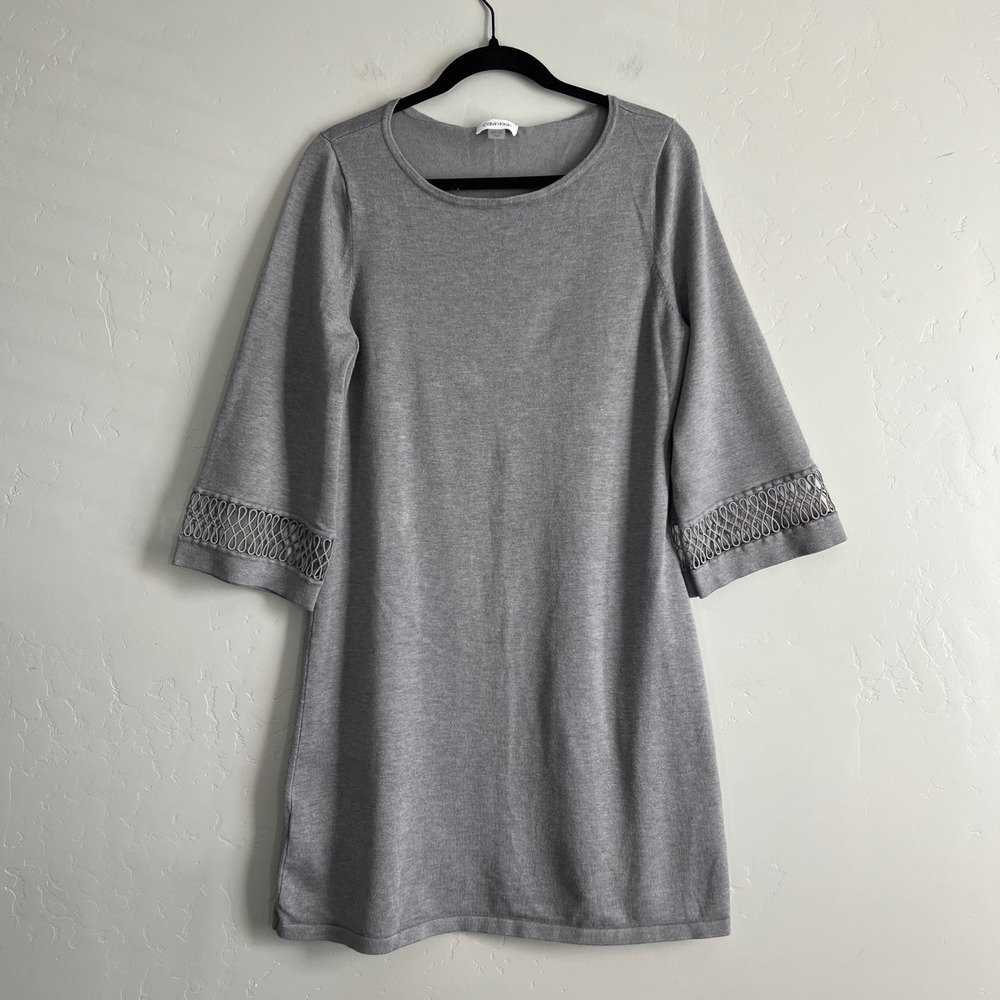 Calvin Klein Womens Grey Midi Knit Shift Sweater Dress 3/4 Sleeve‎ Size L